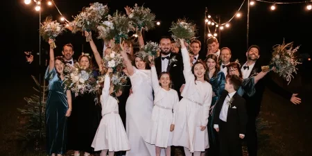 Wedding guests waving