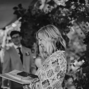 A woman reading from a script